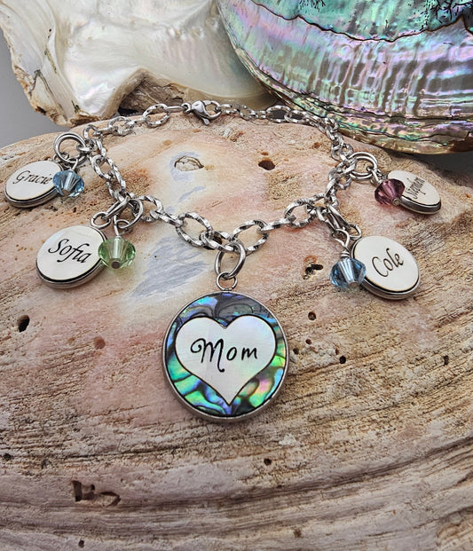 Custom Mom Bracelet with Kids Names - Mother of Pearl Shell, Personalized Birthstones Jewelry for Mother's Day Gift