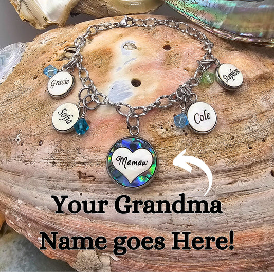 Custom Grandmother Name Bracelet - Personalized with Grandkids' Names & Birthstones, Mother of Pearl Charms, Perfect Gift for Grandma